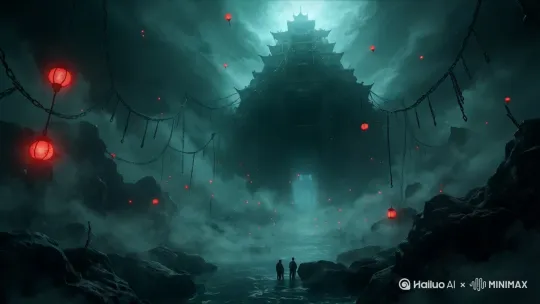 [拉远,上升,下摇]一座非常非常巨大宏伟的地府建筑慢慢在浓雾里显现，下面的人开始奔跑逃离 by Hailuo AI Video Generator