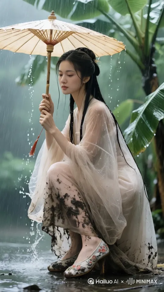 雨打芭蕉场景持油纸伞仕女，纱衣湿身后若隐若现的肌肤质感，雨滴在伞面溅起水花动态，绣鞋泥泞细节，发梢滴水物理效果真实。 by Hailuo AI Video Generator