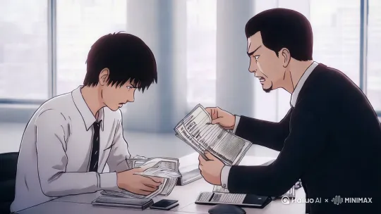 “我是他员工，他是他会计，我俩都有一个共同的克星，就是老板。”
“他一怕我钱被税局查走了，他二怕我账被员工薅走了。”
“他骂人分三步：第一步骂我报销贴错票，第二步骂我工资算不对，第三步骂他自己创业像渡劫。”
“但是我们从来不恨他，因为他发薪不容易，因为他扛雷不容易，所以我们表面互相甩锅，背地一起骂客户。”
“他希望我上市，他希望我盈利，我们在上市和盈利的路上变成了摆烂兄弟。”
“他希望我画饼，他希望我演戏，我们最后两个人在画饼和演戏的路上选择了摆烂。”
动漫版人物 by Hailuo AI Video Generator