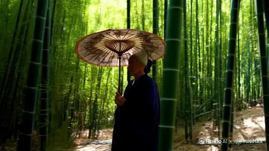 一个古代的仕女撑着一把油纸伞在竹林里缓缓走过[左移,跟随] by Hailuo AI Video Generator