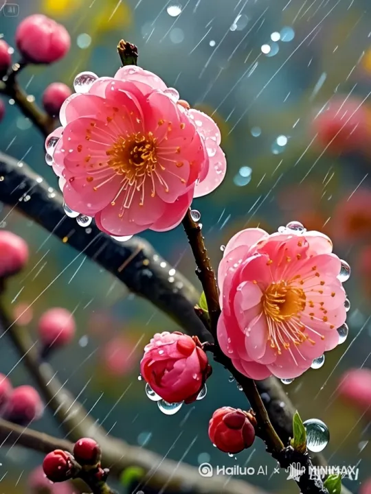 天空下着雨，雨打在花朵上，雨水从花朵上落下，花枝摇晃 by Hailuo AI Video Generator