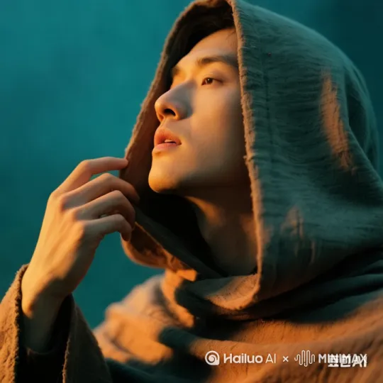[上升]（中景侧跟）斗篷人抬手撩开兜帽，露出棱角分明的下颌线[变焦拉远]身后跟着老马，[推进,上升]身后一望无际的沙漠。 by Hailuo AI Video Generator