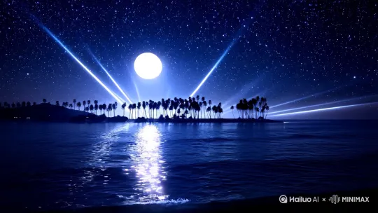 一幅高分辨率的海边夜景图像，画面以深蓝色和浅蓝色调为主，营造出神秘梦幻的夜晚氛围。画面中有闪烁的星星、皎洁的月光、波光粼粼的海面、椰树的倒影以及发光的光束，展现出丰富的细节，32k超清 by Hailuo AI Video Generator