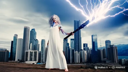femal, clear hair, very long hair, messy hair, white eyes,Dynamic expression,muscle definition,outdoors,Downtown, tall buildings, sky, invisible,electricity,enormous electrokinesis,white long_dress,bare feet,enormous Electric arc in hand,hold the huge Electric arc,Destructive force,covered in clouds, floating,clouds, blue sky, convenient censoring, (giant giantess:1.2), horizon, mountains,wind,dynamic pose,on land,from bottom,masterwork, masterpiece, best quality ,dynamic angle, nose,full body tattoos, glowing tattoo,Lightning strike city,[左移,推进,右摇] by Hailuo AI Video Generator