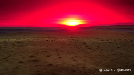 [右移,左摇,跟随]

在那片曾经繁荣的土地上，如今只剩下无尽的荒凉与悲壮。天边，残阳如血，将整个天空染成了一片触目惊心的猩红，仿佛在为这片大地默哀。狂风呼啸而过，卷起漫天黄沙，遮天蔽日，仿佛天地都在为这场浩劫而哭泣。 by Hailuo AI Video Generator