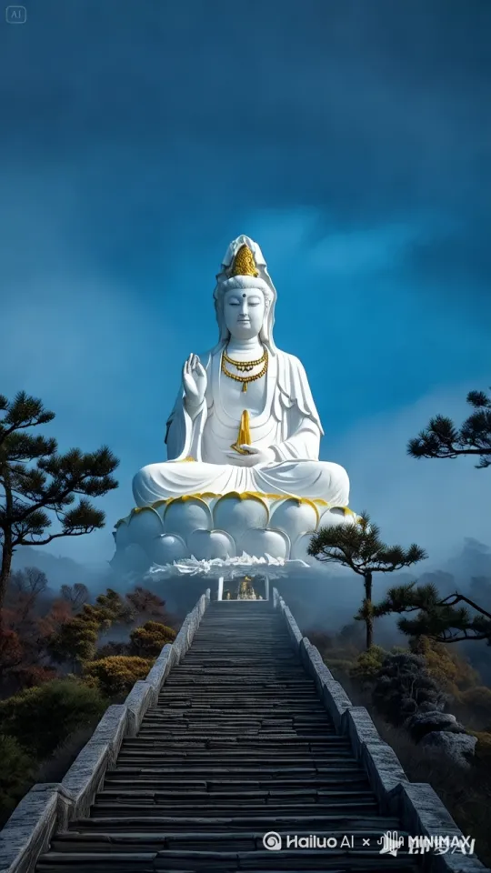 一尊古老石菩萨闭目盘坐，晨光穿透雾气洒落其身，突然，菩萨像指尖轻颤，石缝中簌簌落下细尘。双腿关节发出摩擦的闷响。他以石掌撑地，衣袍褶皱如波涛翻涌，最终直立如峰，双手合十。 by Hailuo AI Video Generator