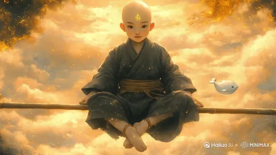 云鲸围绕小孩快速游动，四周云海翻腾，微风吹过小孩衣服，小孩闭眼微笑，固定镜头。 by Hailuo AI Video Generator