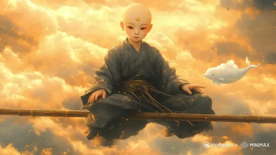 云鲸围绕小孩快速游动，四周云海翻腾，微风吹过小孩衣服，小孩闭眼微笑，旋转镜头镜头。 by Hailuo AI Video Generator