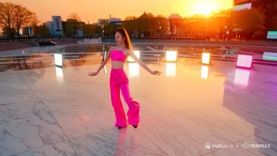 [Video Prompt]
Subject:
"A stunning Asian beauty (slim figure 8/10, fair skin 9/10) wearing matching pink satin crop top (color:#FFB6C1) and wide-leg dance pants, performing elegant contemporary dance moves in urban plaza"

Environment:
"Modern city square at golden hour, marble floor reflecting sunset glow (lighting:soft rim), cherry blossom petals floating in air, dynamic neon light projections on surrounding buildings"

Cinematic Elements:
• Camera: 360° orbiting shot (speed:0.5x) with occasional slow-mo (240fps)
• Lighting: Combination of natural sunset + cinematic LED panels (color temp:3200K)
• Effects: Subtile motion trails (intensity:30%), hair flow simulation (wind speed:8m/s)
• Color Grading: Analog film palette with pink accent boost (+20%)

Technical Specs:
- Aspect Ratio: 21:9 (CinemaScope)
- Resolution: 4K UHD (3840×1600)
- Frame Rate: 60fps (with 120fps slow-mo segments)
- Style: Hyper-realistic CGI (Blender Cycles render)
- Post-Processing: Film grain overlay (15%), chromatic aberration (5%) by Hailuo AI Video Generator