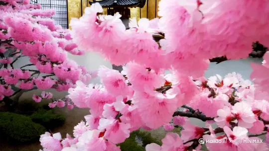 Ukiyo-e style Japanese garden with cascading sakura branches, vibrant pink and white gradient petals swirling around a stone lantern, gold leaf accents on folding screen background, soft mist effect by Hailuo AI Video Generator