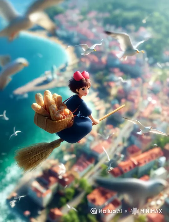 [右移,左摇,跟随]小女孩在天空骑着扫把飞行 by Hailuo AI Video Generator
