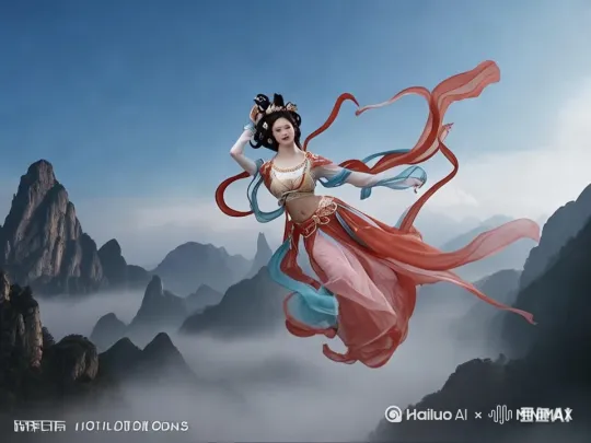 美女原地飞向空中，轻松地在空中滑行，快速飞行，双臂向两侧伸展，头部向前，捕捉平滑水平飞行的感觉。头发、衣服随风摇摆下面有自然景观，无人机视角，一个超现实的高速梦境序列，相机紧密跟踪，相机从略高位置的俯视角度紧密跟踪从左后方向右后方移动，随着角色穿越场景。环境是动态的，快速变化。运动模糊和光迹增强了速度感和流畅性。快速移动。运动模糊和光迹增强了速度感和流畅性。快速移动。快速高空跟踪镜头移动， by Hailuo AI Video Generator