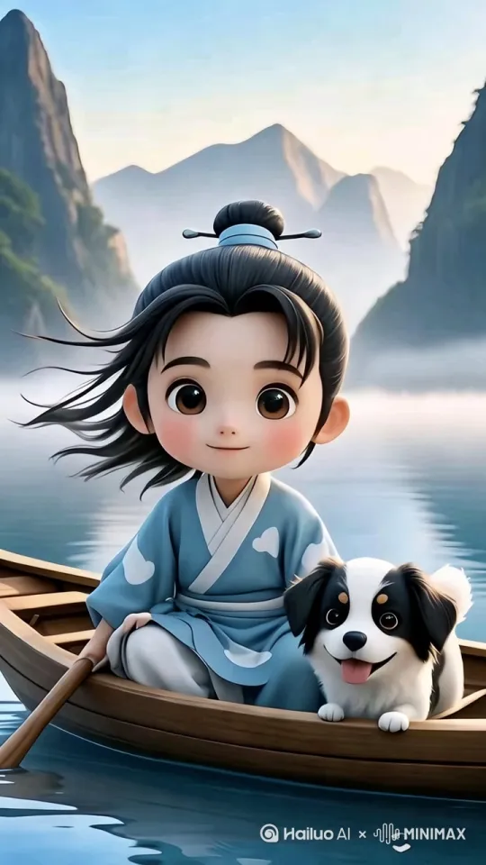 - 动画提示词：男孩一边说着鼓励的话语，一边做出划船的动作，小狗也激动地汪汪叫着，尾巴不停摆动。船桨划动江水，激起白色的浪花，两岸的树木和山峦快速向后移动，速度感十足。比例：9：16 by Hailuo AI Video Generator