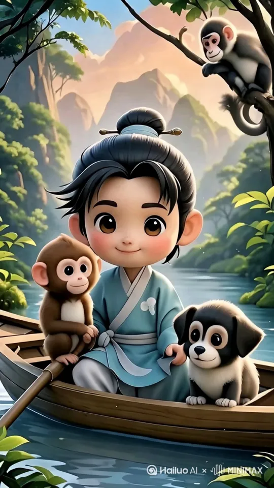 - 动画提示词：猿猴们做出各种活泼的动作，有的抓耳挠腮，有的在树枝间跳跃。男孩露出惊讶又有趣的表情，和小狗互动交流。微风吹过，树叶沙沙作响，和猿猴的啼叫声交织在一起。比例：9：16 by Hailuo AI Video Generator