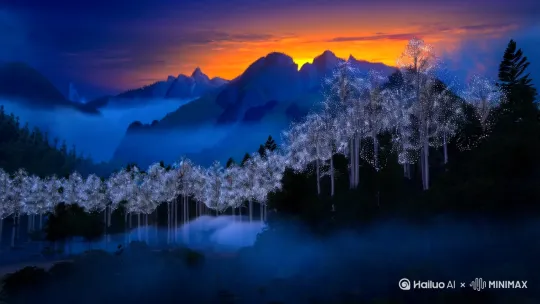 镜头1：月升林雾（空镜）**  
- 远景：俯拍暮色山脉，暗蓝渐变天际线被橘红残阳割裂，镜头缓推至密林深处，雾气随山风呈漩涡状流动，月光在树冠间编织出银色丝网（动态模糊+粒子光效）

**镜头2：狐影初现（低机位跟拍）**  
- 中景：从腐殖土层仰拍，九尾雪色绒毛扫过镜头，绒毛尖端溢出星尘特效（微距镜头+动态粒子），前爪踏碎月光水潭，涟漪触发萤火虫群螺旋升空（流体光效模拟）

**镜头3：咒纹特写（环绕镜头）**  
- 大特写：琥珀瞳孔占满画面，虹膜纹理浮现甲骨文浮影（全息投影质感），镜头沿绯红眼尾咒纹轨道旋转，随瞳孔收缩闪现上古阵法蓝光（镜头内嵌动态符文图层）

**镜头4：尾绽虹霓（慢镜头升格）**  
- 全景：九尾呈扇形展开时触发空气扭曲场，月华在尾尖凝结冰晶棱柱（折射光栅特效），地面菌类发光体随尾摆频率脉冲呼吸（生物荧光动态追踪），枯叶在狐尾气流中形成金色龙卷（流体动力学模拟）

**镜头5：神殿显踪（变焦长镜头）**  
- 移轴镜头：跟随磷粉薄雪穿越雾幔，朱漆鸟居从虚焦中浮现（景深突变特效），残破注连绳突然无风自动，石灯笼内青色狐火随九尾经过依次点燃（光线追踪+体积光雾）

**镜头6：时空凝滞（概念镜头）**  
- 上帝视角：俯视九尾行进轨迹在菌光地图上绘制出洛书河图（延时摄影+算法生成图案），古老心跳声波使落叶悬浮成环形量子态（碎片化粒子悬停）

**特效指令备注**  
- 毛发系统：启用Houdini TFD插件模拟九尾百万级毛发与气流互动  
- 光影交互：月光在尾尖触发次表面散射，设置ior值1.38模拟冰晶透射  
- 环境响应：启用World Machine生成菌类生物光蔓延算法，绑定音频驱动亮度  
- 神秘感强化：在九尾5米半径内添加空气折射扭曲场（波动方程模拟）

**运镜节奏设计**  
- 前30秒：缓推镜头+低频环境音构建神秘场域  
- 狐鸣瞬间：0.5秒黑屏后切换120°甩镜捕捉磷粉爆破  
- 高潮段落：九尾绽开时采用螺旋上升镜头，配合杜比全景声场高频渐强  
- 收尾处理：神殿场景使用希区柯克变焦制造空间悖论感

（镜头数据包可接入Unreal Engine 5 Nanite系统，Lumen全局光照预设"月光幻境03"适配本场景） by Hailuo AI Video Generator