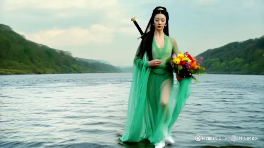一个古代美女，长像清秀美丽，穿透明紧身素裹绿色纱裙，长发，白布鞋，身背宝剑，双手捧着一束花。她从河对面脚踏河水，向水上漂一样飞快的从水面上奔跑而过（拉远）。
飞跃到一片广袤的，红色樱花树林的树顶上，在树林顶上飞快奔跑。
在一个厅院中缓缓跳下来，和厅院里的一位美男子面面相觑，紧紧拥抱。
细节优化，整体动作丝滑流畅。 by Hailuo AI Video Generator