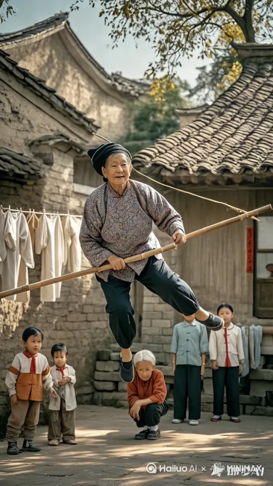 镜头移动,动态跟随,以高清写实手法,生动呈现中国农村七八十年代的四合院场景。老太果断拿起长竹竿撑地,借助其弹性快速起跳,身姿轻盈地冲向半空,在空中利落地完成360度翻身,紧接着稳稳地落在房顶上,动作一气呵成,充满动态张力。 by Hailuo AI Video Generator