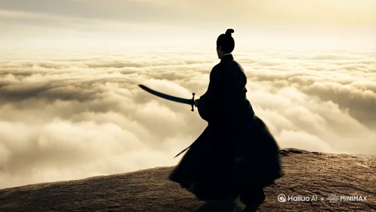1. 开场（3秒）
 
- 镜头：低角度仰拍人物逆光站立山巅
 
- 画面：衣袍被烈风吹起，背景云海翻涌
 
- 特效：水墨晕染转场
 
2. 主镜头（8秒）
 
- 镜头：环绕拍摄人物持剑转身
 
- 动作：剑锋划破空气带起残影
 
- 特效：粒子光效随动作迸发
 
3. 高潮（5秒）
 
- 镜头：慢动作表现挥剑斩落
 
- 画面：剑气形成能量波扩散
 
- 特效：动态模糊+水墨飞溅
 
4. 结尾（4秒）
 
- 镜头：人物背影走向落日
 
- 文字："问天下谁是英雄" by Hailuo AI Video Generator