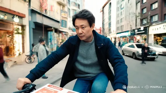 一位外卖小哥，骑着电瓶车在大街小巷穿梭送餐，上楼把外卖送到一位美女手中 by Hailuo AI Video Generator