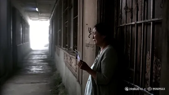[左移,推进,右摇] 老旧居民楼楼道，40岁女人倚着掉漆铁门，手中撕碎的结婚照雪花般飘落，墙上贴着褪色的囍字 by Hailuo AI Video Generator