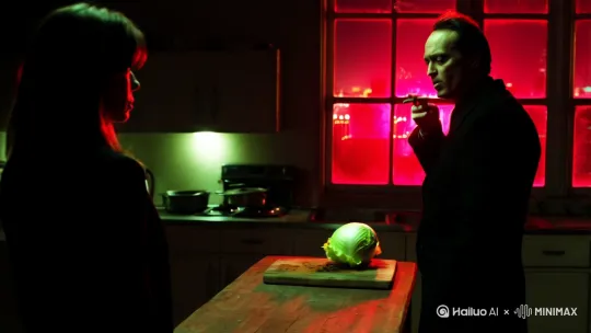 2. 深夜厨房，男人背对着女人抽烟，案板上半颗腐烂的白菜，窗外霓虹灯在两人之间划出血色裂痕[右移,左摇,跟随] by Hailuo AI Video Generator