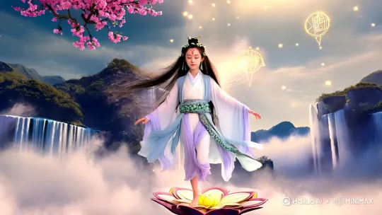要绘制一个真人风格的“美女修仙”场景，可以结合以下元素进行艺术创作：

---

### **核心元素设计**
1. **人物设定**  
   - **形象**：少女面容清冷，长发如瀑（可搭配玉簪/流苏），眉间有朱砂或灵纹，肌肤莹白透光。  
   - **服饰**：素色广袖长袍（白/浅青/淡紫），衣袂飘飞，腰间束带缀玉，披帛随风而动。  
   - **姿态**：悬浮于空中，单足轻点莲台或仙剑，手结法印，双目微闭似在感应天地灵气。

2. **场景氛围**  
   - **背景**：  
     - 远山层叠隐于云海，瀑布从九天垂落，桃林花开如霞。  
     - 空中浮现金色符文阵法，灵光流转。  
   - **特效**：  
     - 周身环绕星辰光点，足下生出莲花虚影，发丝与衣角泛起微光。  
     - 仙鹤群飞过，衔着灵草或卷轴。

3. **色彩与光影**  
   - 主色调：冷色（月白/青蓝）突出仙气，暖色（金/粉）点缀灵韵。  
   - 光源从斜上方洒下，人物轮廓泛柔光，背景用薄雾制造空间层次。

---

### **构图参考**
- **视角**：低角度仰视，突显人物凌空之姿与场景宏大。  
- **布局**：  
  1. 前景：几枝桃花斜伸，花瓣随风飘散。  
  2. 中景：人物居中，仙剑竖立悬浮于侧，剑穗轻扬。  
  3. 远景：云海中隐约露出宫殿飞檐，朝阳初升染红天际。

---

### **细节增强**
- **象征元素**：  
  - 腰间悬挂的青铜铃铛（刻有八卦纹）。  
  - 背景中若隐若现的青龙/凤凰虚影。  
- **动态感**：  
  - 衣袍和长发呈流动曲线，云气如水波般涌动。

--- by Hailuo AI Video Generator