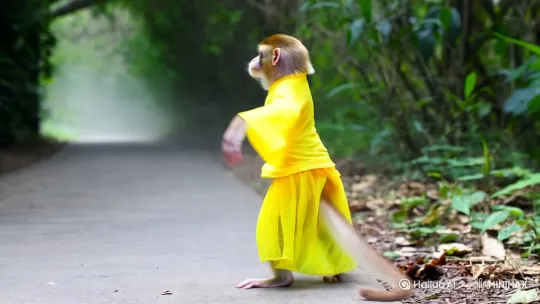 A monkey dressed in flowing bright - yellow traditional dance attire is gracefully dancing on a forest path. It mimics the dance moves of Love Song of the Daughter. Its arms are gracefully extended like butterfly wings, and the soft sleeves sway with its movements. One leg is elegantly lifted while the other stands steadily, as if performing a classic spinning motion. Its eyes are lively, seemingly filled with a myriad of emotions, vividly showcasing the tenderness and agility of Love Song of the Daughter. The surrounding greenery is hazy, adding a touch of poetry and dreaminess to this unique dance. by Hailuo AI Video Generator