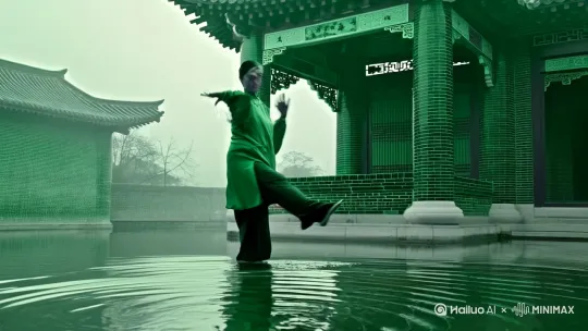 江南晨雾弥漫园林青砖黛瓦间，素纱汉服武者演绎太极。动作融合云手与书法轨迹，足尖轻点水面涟漪扩散。镜头360度螺旋环绕起势，慢镜头捕捉指尖衣袂流体轨迹，低机位仰拍飞檐与云手互动。伞面山水墨画随蹬脚旋转，银杏叶沿臂弯自然垂落。环境音收录晨露竹叶声，古筝《高山流水》变调版与呼吸同频。后期青绿色调+胶片颗粒，关键动作水墨晕染，强化衣纹褶皱力度表现。使用RED KOMODO 6K拍摄，Cooke S4/i镜头组，达芬奇调色。[上摇]
[下摇]（上下左右360度环形镜头） by Hailuo AI Video Generator