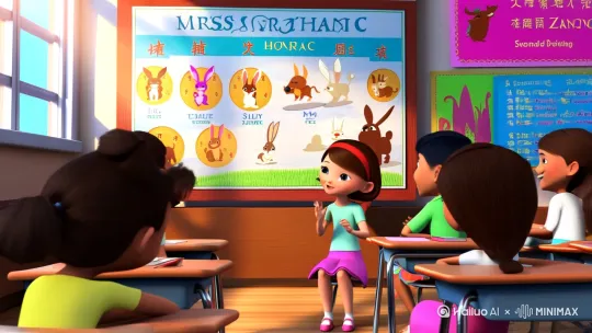 Lily sat in her bright classroom, sunlight streaming through the windows, as Mrs. Zhang explained the Chinese Zodiac. A large poster of the twelve animals hung at the front, each representing a different year. Lily, with short brown hair and a red hairband, raised her hand eagerly. "I'm a Rabbit!" she exclaimed when asked about the Rabbit animal. The other students smiled, but Lily's attention stayed fixed on the Zodiac chart. She was fascinated by the Rabbit, a symbol of gentleness, peace, and cleverness. What did it really mean to be a Rabbit? She imagined herself hopping through fields, quick and graceful, always avoiding trouble. But there was so much more to discover. As Mrs. Zhang continued, Lily’s mind wandered to the question of why she was born in the Year of the Rabbit. The bell rang, but Lily was already excited to ask Grandma what it truly meant. by Hailuo AI Video Generator