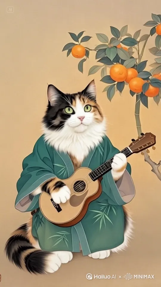 小橘猫以自身为中心，从左向右缓慢旋转，每秒转动15° ，琵琶也跟随猫咪身体的转动微微晃动，整体画面保持匀速且流畅。动态背景设定为古色古香的中式庭院，有随风摇曳的翠竹，光影随着猫咪转动而自然变化。最终输出格式为GIF ，展现出这一妙趣横生的动态场景。 by Hailuo AI Video Generator