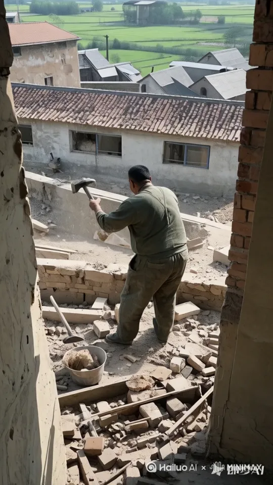 动态跟随，镜头移动，男人快速挥舞锤子砸地板，地板裂开一个大洞，一个黑胖的女人从裂开的大洞跳上来，一个回旋踢把男人踢飞到天空 by Hailuo AI Video Generator