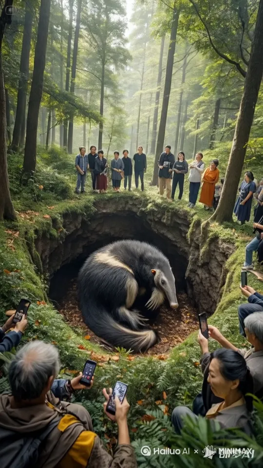 镜头移动，动态跟随，一只巨型食蚁兽从幽暗的深坑中猛然跃出，它的长鼻卷曲，毛皮在阳光下泛着光泽。它高速旋转，如同离弦之箭般窜出深坑，激起阵阵尘埃，随即消失在茂林深处。周围是兴奋的游客，他们站在高低错落的观景点，手持各式智能手机，记录这罕见瞬间。背景中，参天大树与繁茂绿植交织成一幅生机勃勃的画面，斑驳光影在地面上跳跃。人群穿着五彩斑斓的服饰，增添了几分节日般的氛围。广角镜头捕捉，快门声此起彼伏，定格自然界的奇妙一刻。 by Hailuo AI Video Generator
