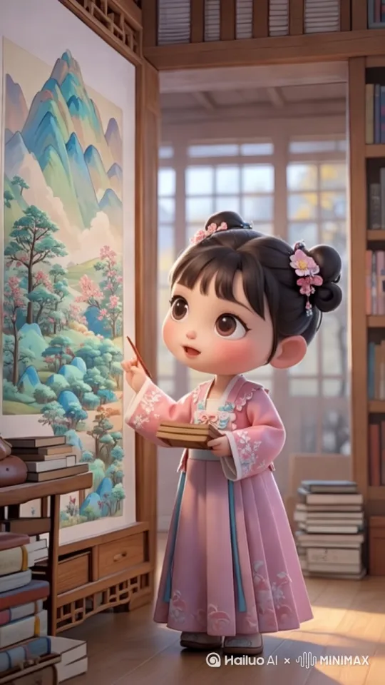 小女孩站在画前，脑袋微微转动，左右打量着画中的远山，眼神在山上的树木、岩石间游移。微风轻轻吹过，画中的树叶似乎轻轻晃动。 by Hailuo AI Video Generator
