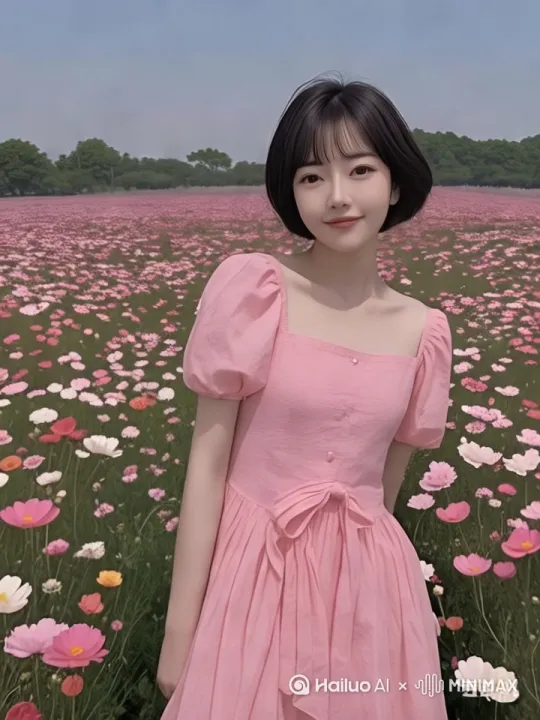 女孩子花海中随意走动，身体随意摆动着，笑容满满。[推出,上升,下摇] by Hailuo AI Video Generator