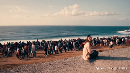 开场哪吒在海边坐着，背景是大海，跟随着忙碌的干活的人群[右移,左摇,跟随] by Hailuo AI Video Generator