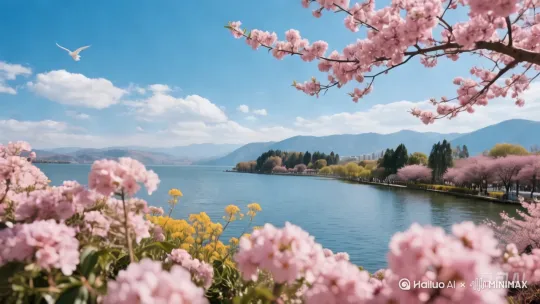 [推进,上升]一只海鸥在天空上飞翔，下方的水面在荡漾，镜头跟随海鸥移动 by Hailuo AI Video Generator