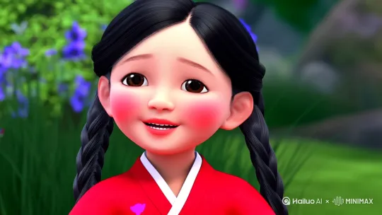 [左移,上升]3d渲染的可爱小女孩，双麻花辫，黑色头发，大眼睛，脸颊带酒窝带红晕，身穿红色汉服，在唱歌 by Hailuo AI Video Generator