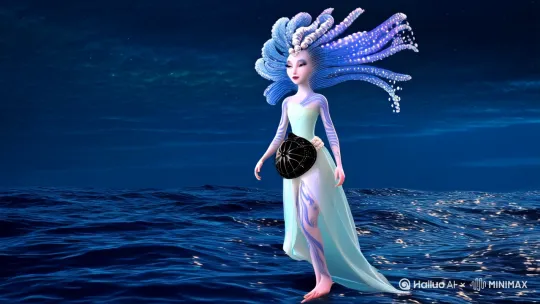 蓬莱鲛绡娘·海月为佩鲛泪成珠，雪肌透出深海蓝脉纹，珊瑚簪固定流云髻，发间水母荧光明朋灭灭。冰绡衣浸染霞光七重色，赤足踏浪无痕，腰间玄龟壳盛星砂。夜半对月织绡，金梭引动潮汐涨落，群鱼衔明珠身三匝，恍若《拾遗记》记载的沧海珠重珠人间。写真手法，画一幅富贵太太形象图片视频。 by Hailuo AI Video Generator