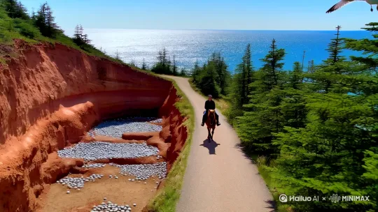 海滨道路草木丛生，荒凉孤寂。右边的矮冷杉树生长茂盛，长年同海湾强风的抗争并未摧毁它们的坚强意志。左边是陡峭的红沙岩崖，有时候离道路很近，换了一匹不像栗色马这么稳重的牲口，它身后的人可就要提心吊胆了。下面悬崖的底部，是一堆堆被海浪侵蚀的礁石，或是一些小沙坑，里面嵌满了鹅卵石，就像嵌着海洋的珠宝一样；远处便是微光闪烁的湛蓝的大海了，海鸥飞翔着掠过海面，翅膀在阳光下闪着银白色的光。[拉远,变焦拉远,跟随] by Hailuo AI Video Generator