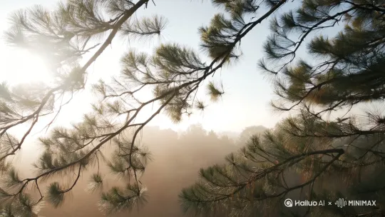 画面描述:标题“寻隐者不遇 ”浮现在倾斜的老松枝桠间，晨光穿透针叶形成光斑。镜头类型:慢推镜头加微俯式。色彩与光线:自然色调，冷光与晨雾交织。 by Hailuo AI Video Generator