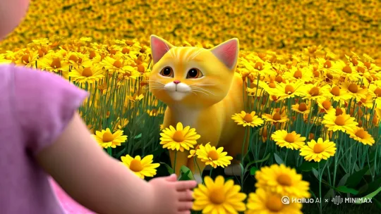 黄色小猫在屏幕里问宝贝在干嘛，身子跳舞，在黄色的花海里[晃动][晃动] by Hailuo AI Video Generator
