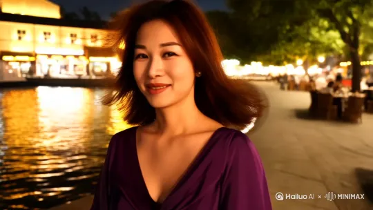 江边迷人的夜晚，柔情一笑 by Hailuo AI Video Generator