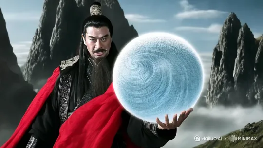 表情狂妄霸气站在雄伟壮观的山顶穿着华丽的黑色龙纹长袍背后披着很长的红色披风随风飘逸手掌中凝聚着水流巨浪形成的巨型圆形水球看着镜头特写镜头纪实画面 by Hailuo AI Video Generator