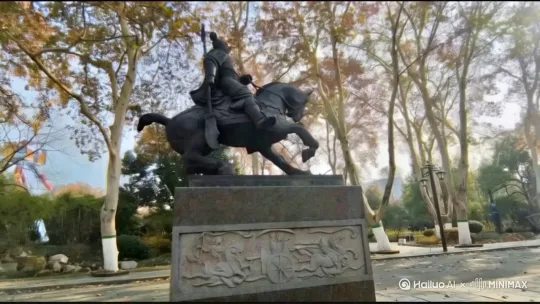 要求图片中的雕塑马，下来调头奔跑出画面，要求背景不动。 by Hailuo AI Video Generator