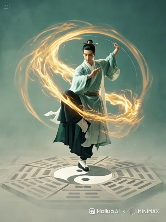 道长一个人练太极拳，以柔克刚，周身真气流动[右移,左摇,跟随] by Hailuo AI Video Generator