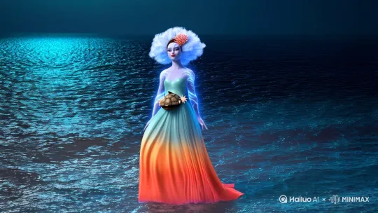 蓬莱鲛绡娘·海月为佩鲛泪成珠,雪肌透出深海蓝脉纹,珊瑚簪固定流云髻,发间水母荧光明朋灭灭。冰绡衣浸染霞光七重色,赤足踏浪无痕,腰间玄龟壳盛星砂。夜半对月织绡,金梭引动潮汐涨落,群鱼衔明珠身三匝,恍若《拾遗记》记载的沧海珠重珠人间。写真手法,画一幅富贵太太形象图片视频。 by Hailuo AI Video Generator