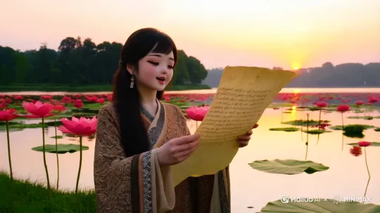边走边念古诗：接天莲叶无穷碧 映日荷花别样红 by Hailuo AI Video Generator