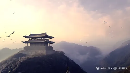### **分镜头1:环境定场(15秒)**
**画面**
- 全景俯拍清晨的无量山剑湖宫,薄雾中显现飞檐斗拱
- 镜头下降穿过演武场石柱,定格在「东西宗比武」横幅(特写墨迹未干)
- 东西两侧弟子阵列呈剑锋状对峙(对称构图)
**声效**
- 山间雀鸣渐弱,剑鞘碰撞声由远及近
- 画外传来长剑出鞘的金属摩擦声 by Hailuo AI Video Generator