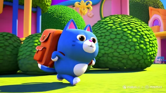 一只蓝色的胖猫背着书包上学 by Hailuo AI Video Generator