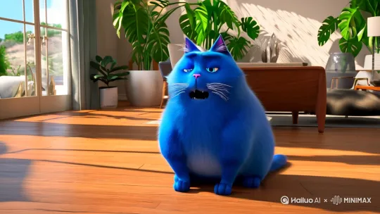 一只蓝色的胖猫在家里不断的抱怨 by Hailuo AI Video Generator